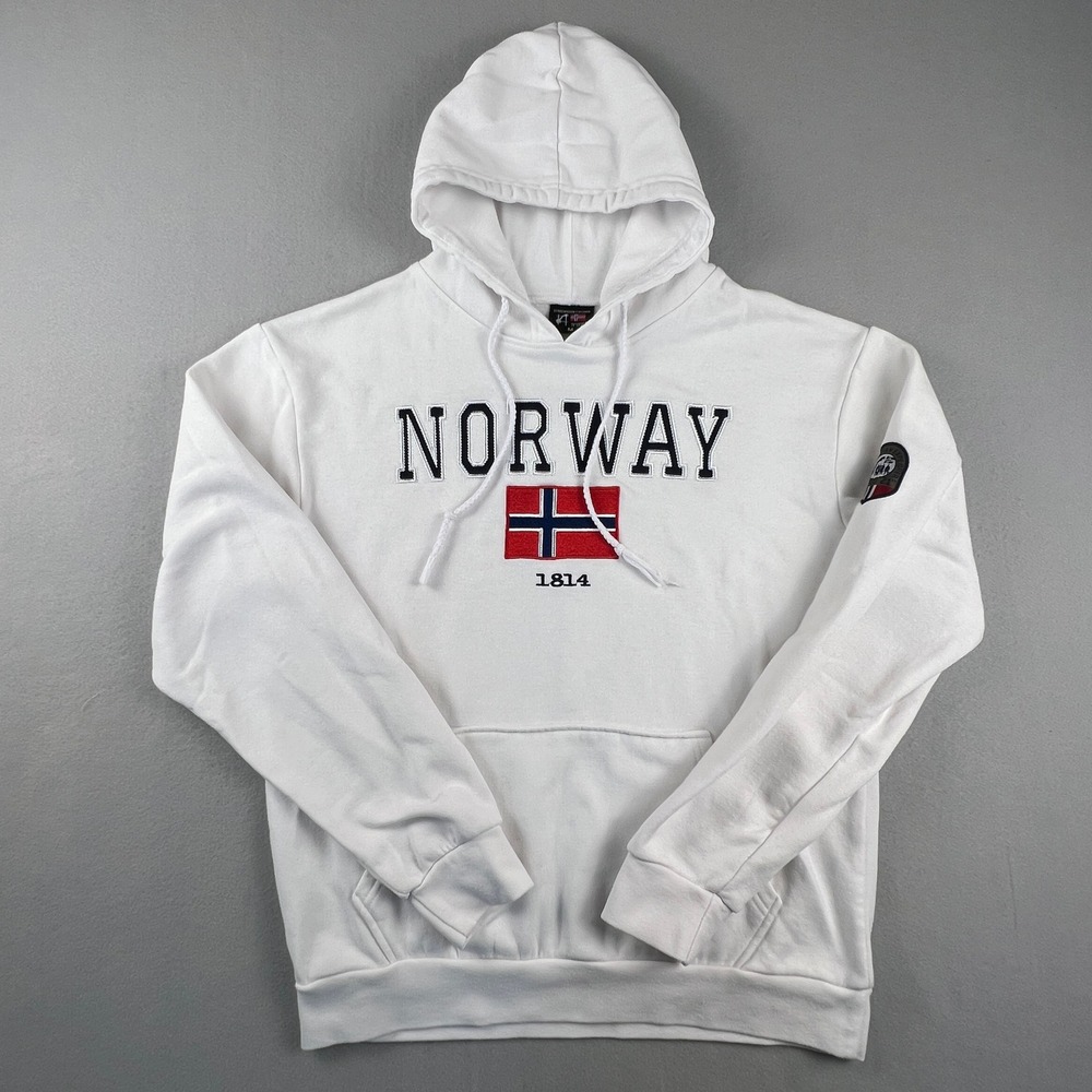 Norway Hoodie Mens Medium White Scandinavian Explorer Flag Embroidered Souvenir